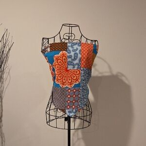 Patchwork Strapless Crop Top in Blue and Orange